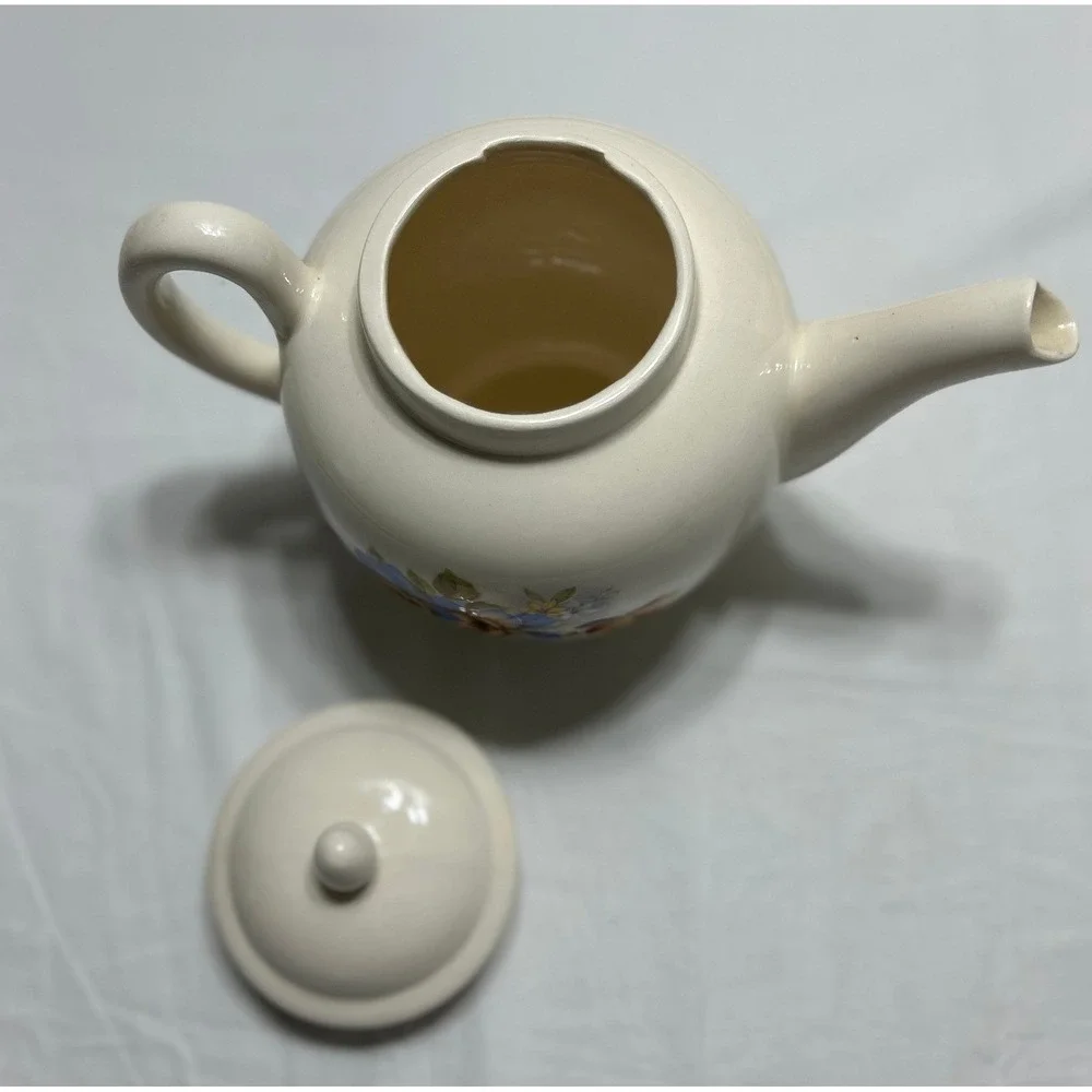 Vintage Floral Ceramic Teapot Cream with Blue and Orange Pansies 6 inch